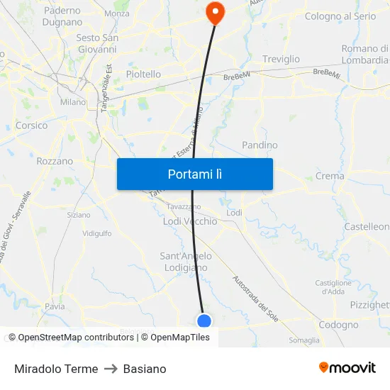 Miradolo Terme to Basiano map