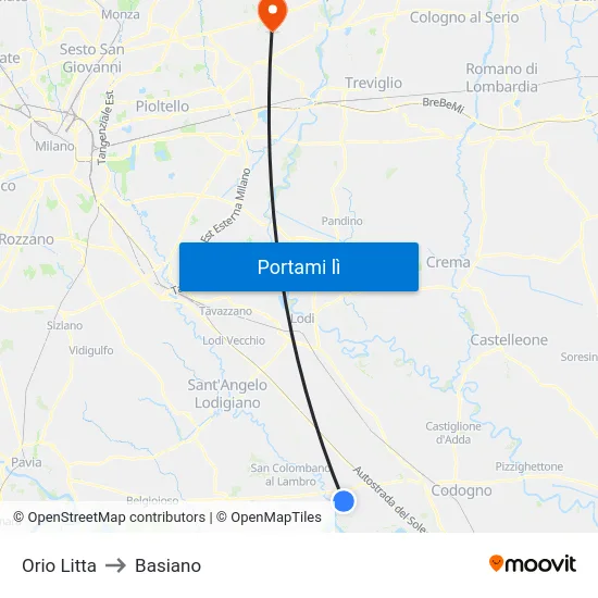 Orio Litta to Basiano map