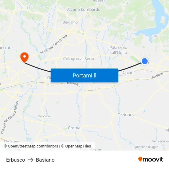Erbusco to Basiano map