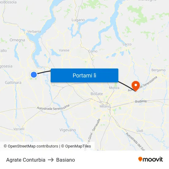 Agrate Conturbia to Basiano map