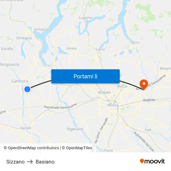 Sizzano to Basiano map