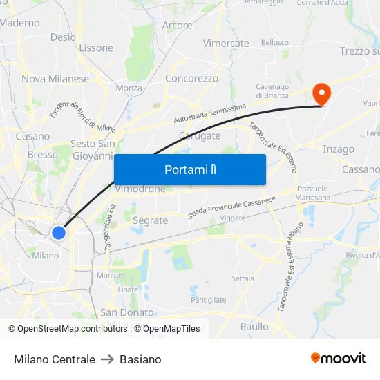 Milano Centrale to Basiano map