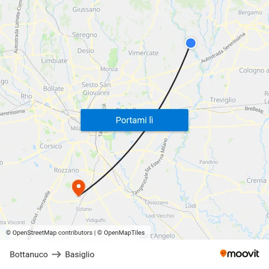 Bottanuco to Basiglio map