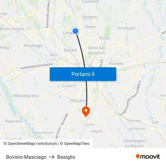 Bovisio-Masciago to Basiglio map