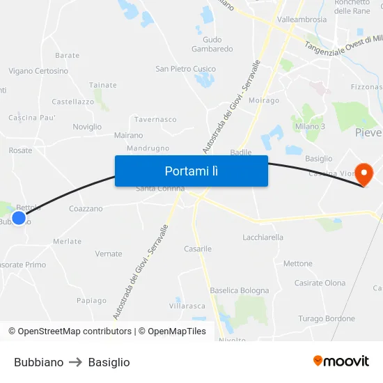 Bubbiano to Basiglio map