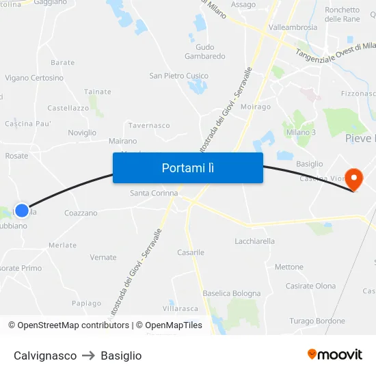 Calvignasco to Basiglio map