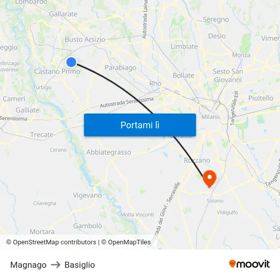 Magnago to Basiglio map