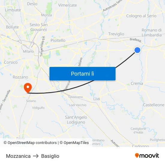 Mozzanica to Basiglio map