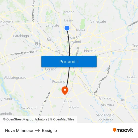Nova Milanese to Basiglio map