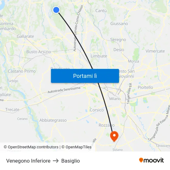 Venegono Inferiore to Basiglio map