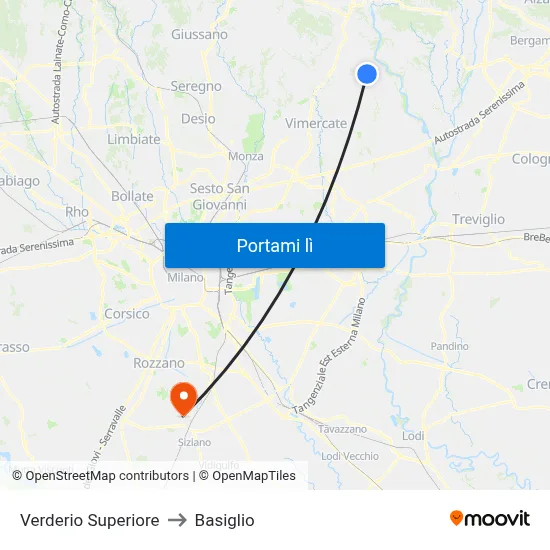 Verderio Superiore to Basiglio map