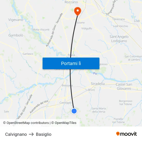 Calvignano to Basiglio map