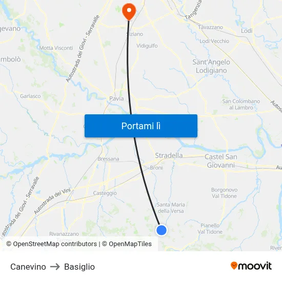 Canevino to Basiglio map