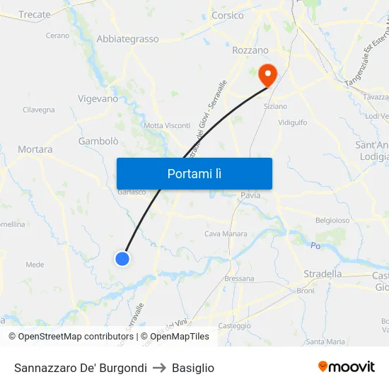 Sannazzaro De' Burgondi to Basiglio map