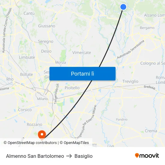Almenno San Bartolomeo to Basiglio map