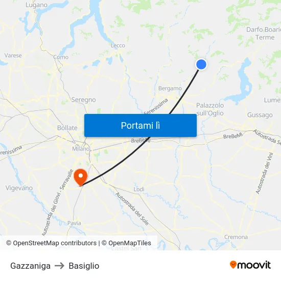 Gazzaniga to Basiglio map