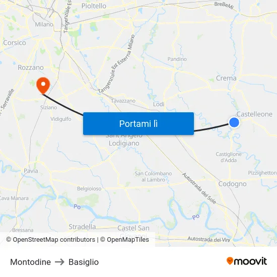Montodine to Basiglio map