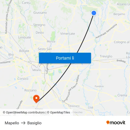 Mapello to Basiglio map