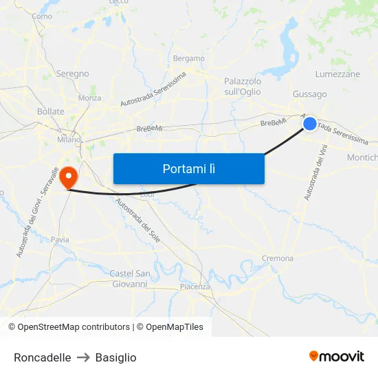 Roncadelle to Basiglio map