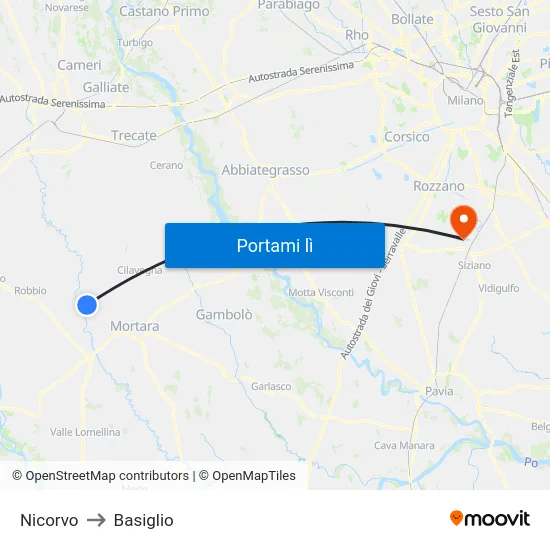 Nicorvo to Basiglio map