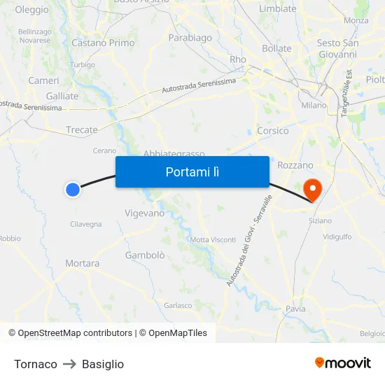 Tornaco to Basiglio map