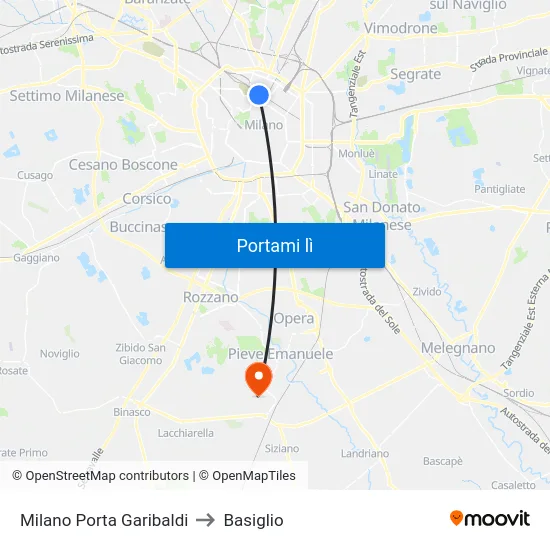 Milano Porta Garibaldi to Basiglio map