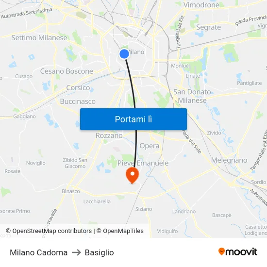 Milano Cadorna to Basiglio map