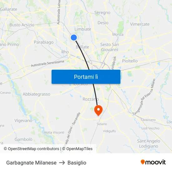 Garbagnate Milanese to Basiglio map