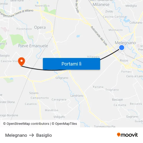 Melegnano to Basiglio map