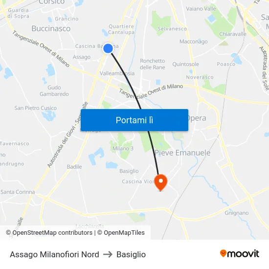 Assago Milanofiori Nord to Basiglio map