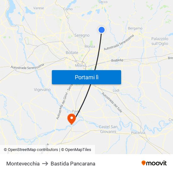 Montevecchia to Bastida Pancarana map