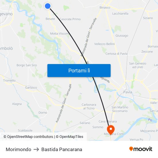 Morimondo to Bastida Pancarana map