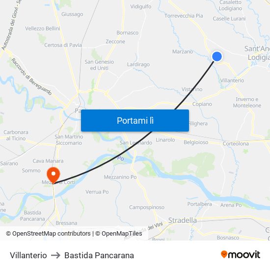 Villanterio to Bastida Pancarana map