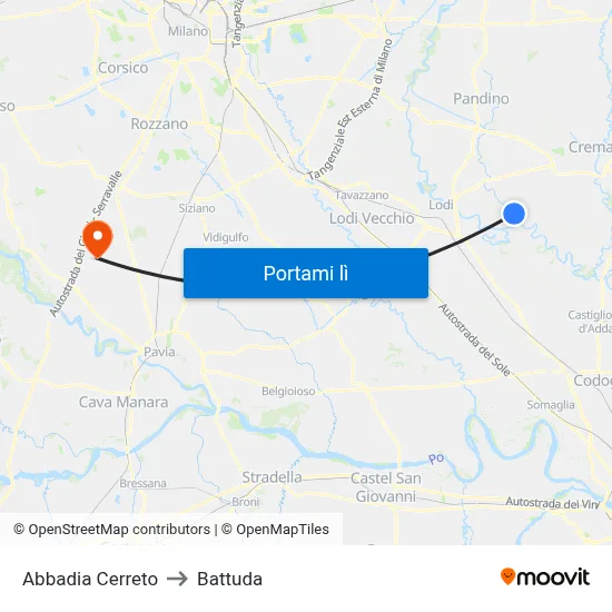 Abbadia Cerreto to Battuda map