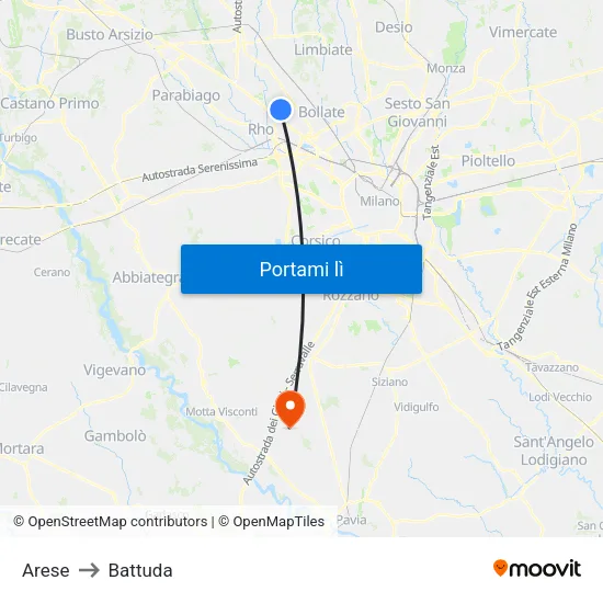 Arese to Battuda map