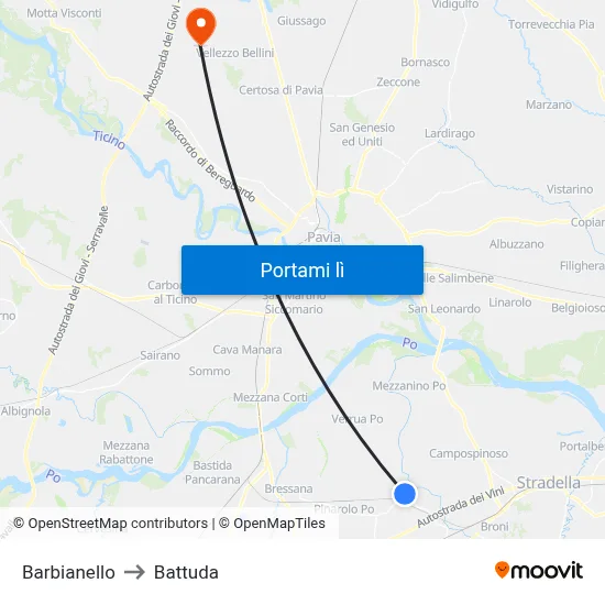 Barbianello to Battuda map