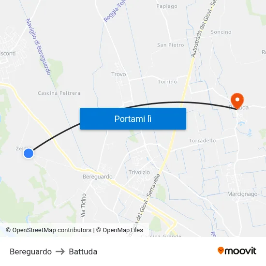 Bereguardo to Battuda map