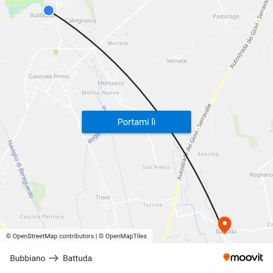 Bubbiano to Battuda map