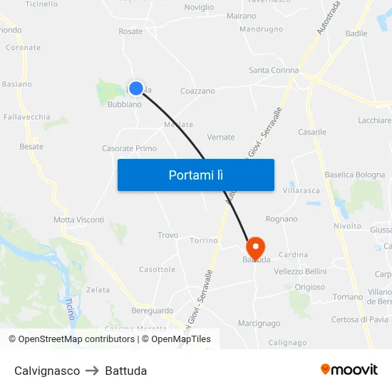 Calvignasco to Battuda map