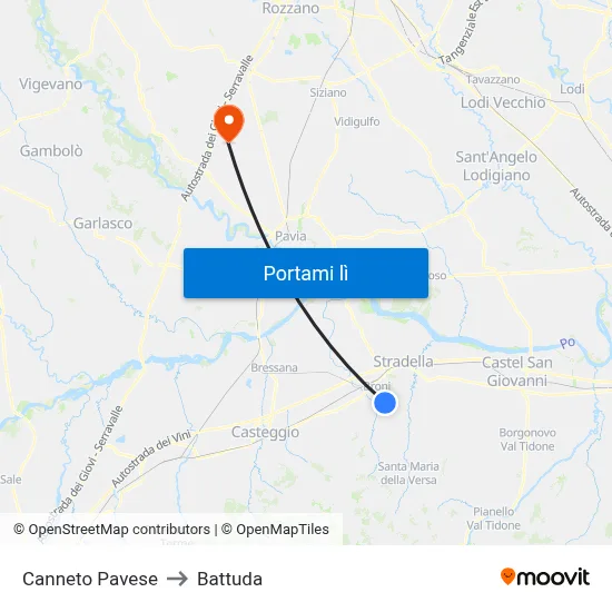 Canneto Pavese to Battuda map