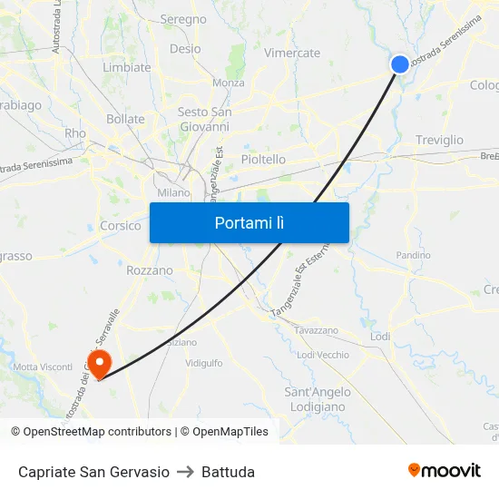 Capriate San Gervasio to Battuda map