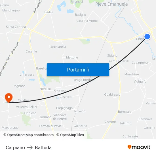 Carpiano to Battuda map