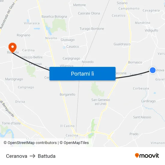 Ceranova to Battuda map