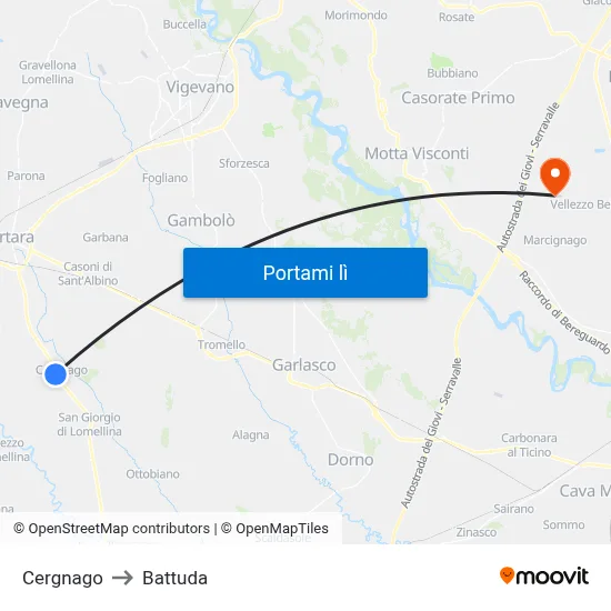 Cergnago to Battuda map