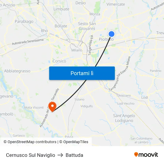 Cernusco Sul Naviglio to Battuda map