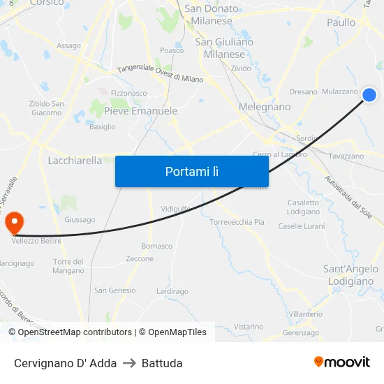Cervignano D' Adda to Battuda map
