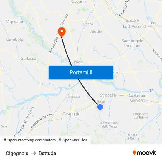 Cigognola to Battuda map