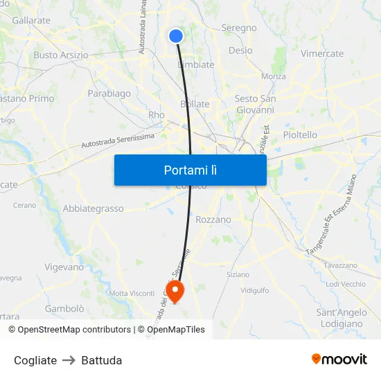 Cogliate to Battuda map