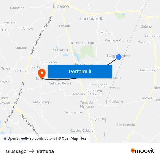 Giussago to Battuda map