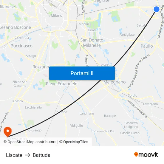Liscate to Battuda map